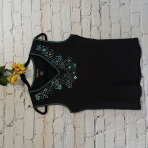 Style & Co sleeveless top 100% cotton black embellished turquoise flower Sz M